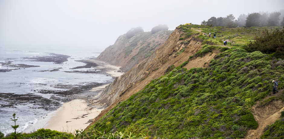 Dramatic view of Pillar Point bluffs with green cliffs and tidepools along the coast