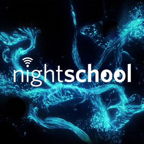 aBright blue bioluminescent organisms swirl in a wavy pattern behind a white NightSchool logo.