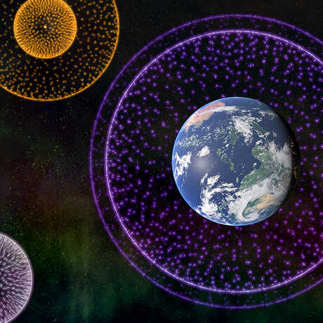 Artist rendering of Earth and multicolored technosignatures