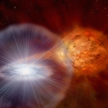 Artist concept of binary system similar to the nova Sagittarii 2015 N.2. Credit: David A. Hardy y PPARC