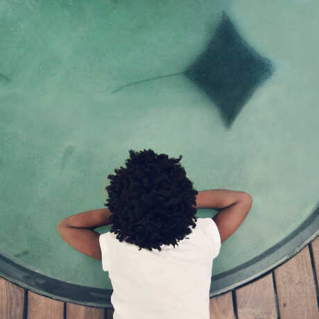 Girl looking through glass at stingray swimming below on exhibit at the Academy