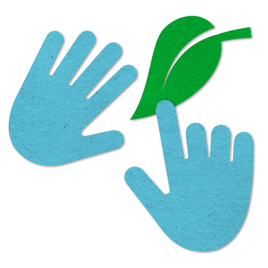 Blue felt hands-on icon with leaf