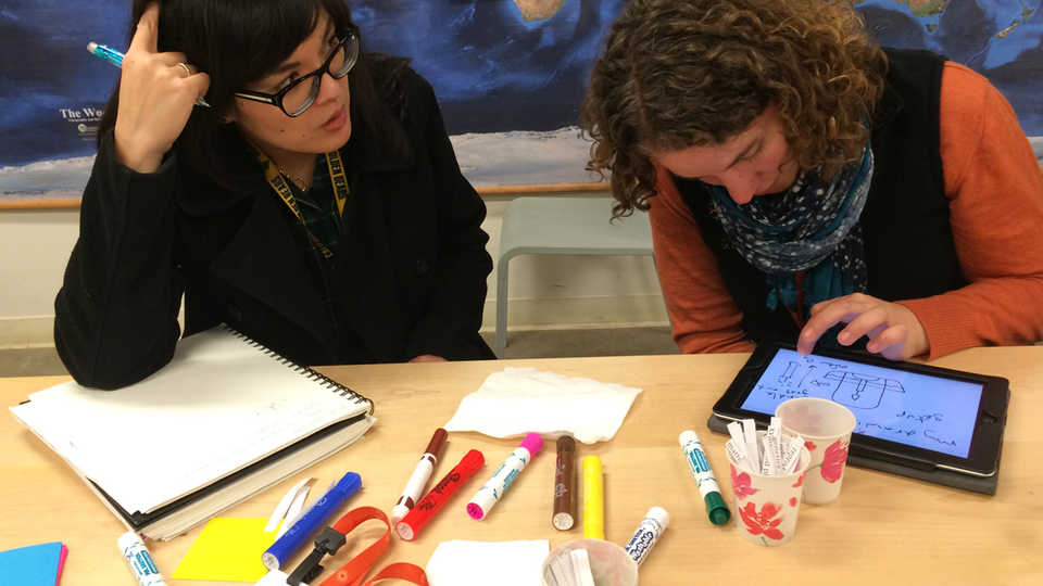 Two teachers work together during a workshop