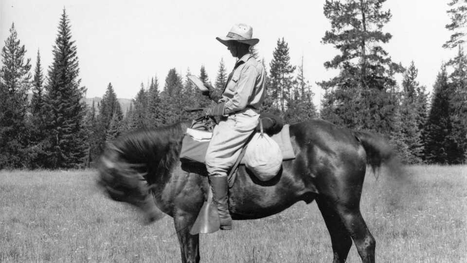 Black and white photo of Ynes Mexia on a horse