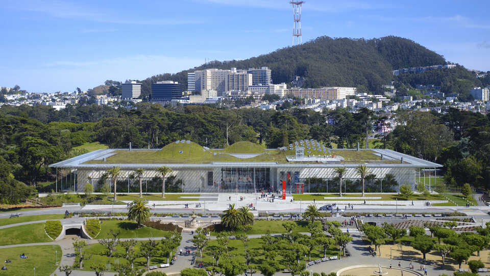 An aerial complete shot of the California Academy of Sciences, featuring views of Golden Gate Park, a rolling hill. 