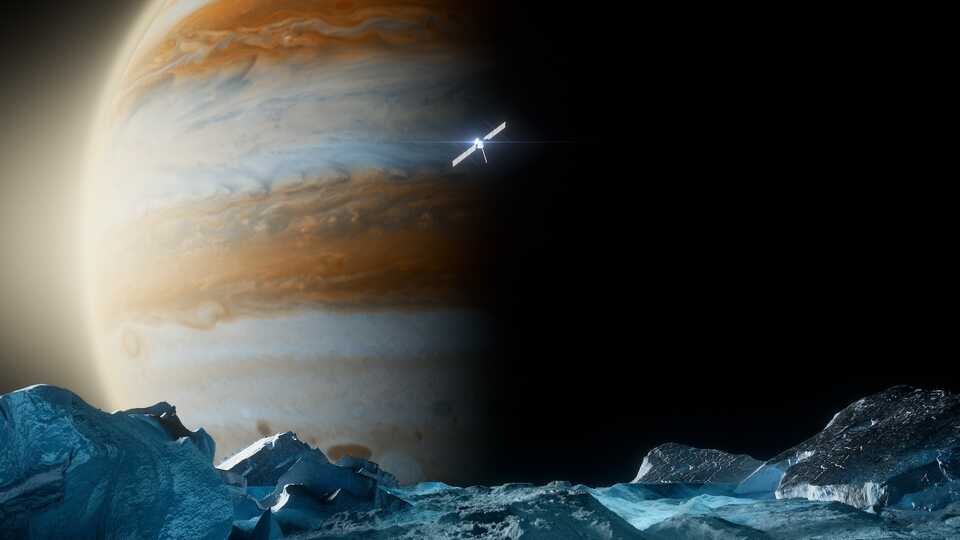 Artist rendering of the icy Europa moon surface, with spacecraft and Jupiter in the background